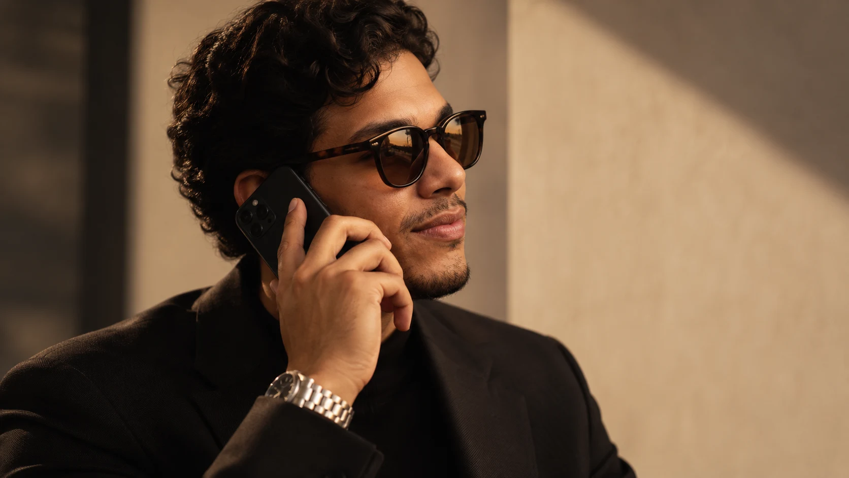 José Filho de blazer preto e óculos escuros, em um retrato editorial com luz dourada.
