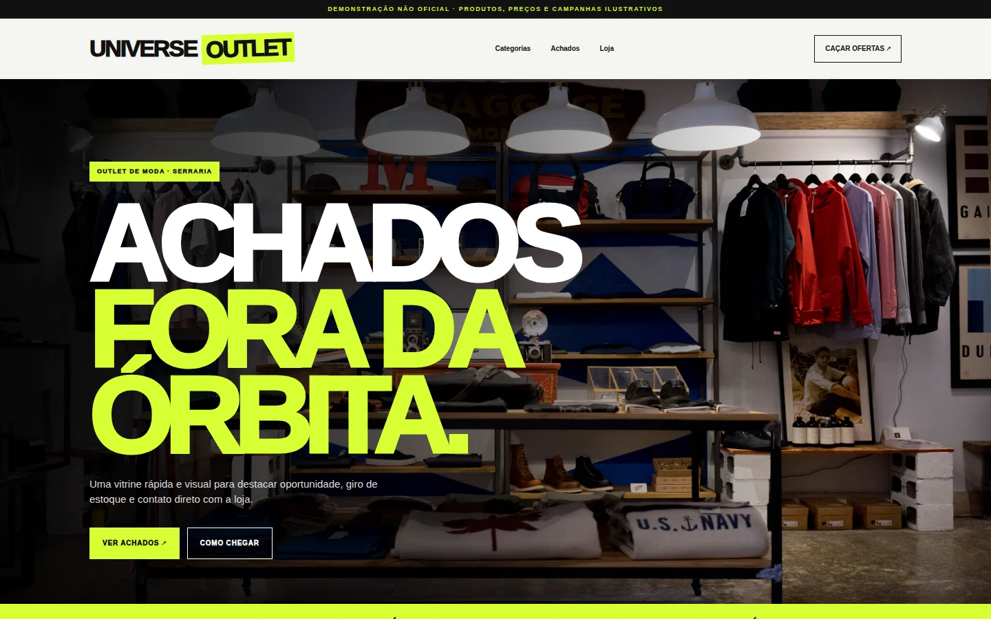Universe Outlet — captura da página inicial